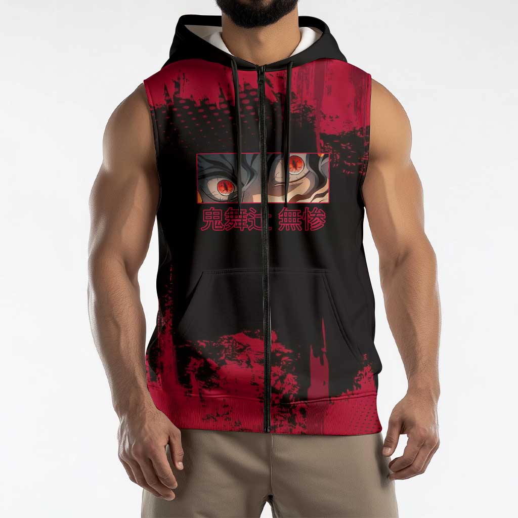 Muzan Kibutsuji Demon Slayer Red Grunge Design Sleeveless Zip Hoodie with Intense Eyes and Hat Outfit Pose - The Mazicc