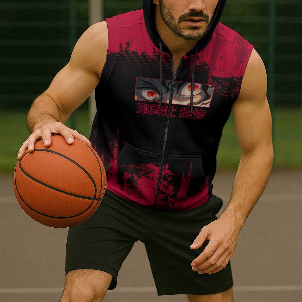 Muzan Kibutsuji Demon Slayer Red Grunge Design Sleeveless Zip Hoodie with Intense Eyes and Hat Outfit Pose - The Mazicc