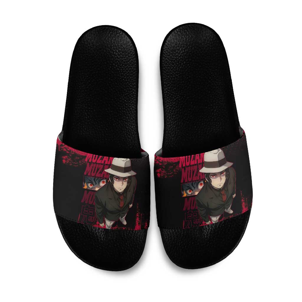 Muzan Kibutsuji Demon Slayer Red Grunge Design Slide Sandals with Intense Eyes and Hat Outfit Pose - The Mazicc