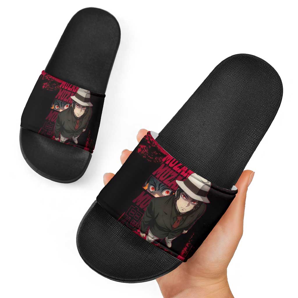 Muzan Kibutsuji Demon Slayer Red Grunge Design Slide Sandals with Intense Eyes and Hat Outfit Pose - The Mazicc