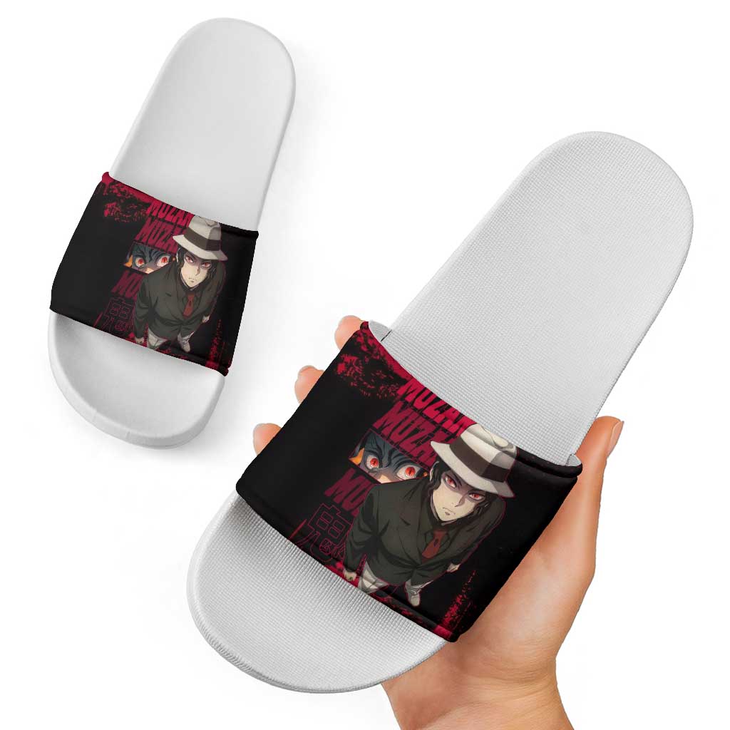Muzan Kibutsuji Demon Slayer Red Grunge Design Slide Sandals with Intense Eyes and Hat Outfit Pose - The Mazicc