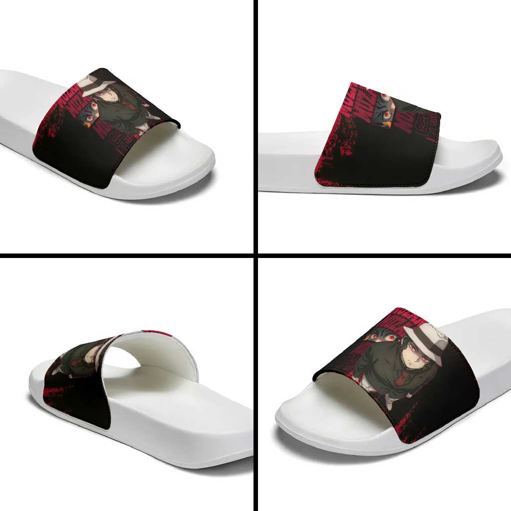 Muzan Kibutsuji Demon Slayer Red Grunge Design Slide Sandals with Intense Eyes and Hat Outfit Pose - The Mazicc