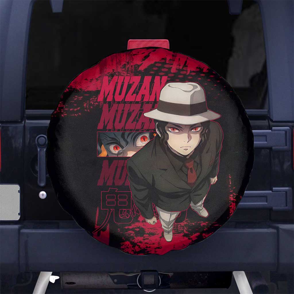 Muzan Kibutsuji Demon Slayer Red Grunge Design Spare Tire Cover with Intense Eyes and Hat Outfit Pose - The Mazicc