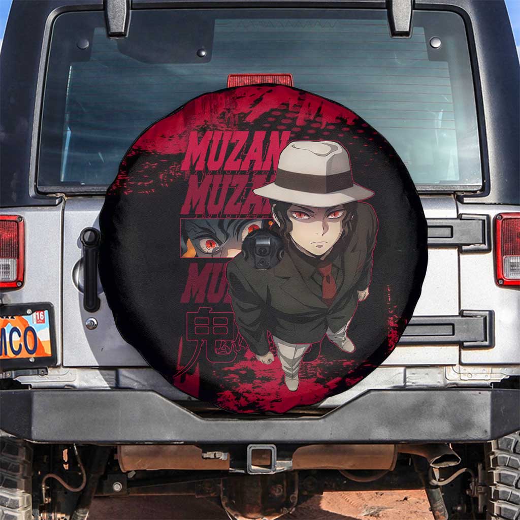 Muzan Kibutsuji Demon Slayer Red Grunge Design Spare Tire Cover with Intense Eyes and Hat Outfit Pose - The Mazicc