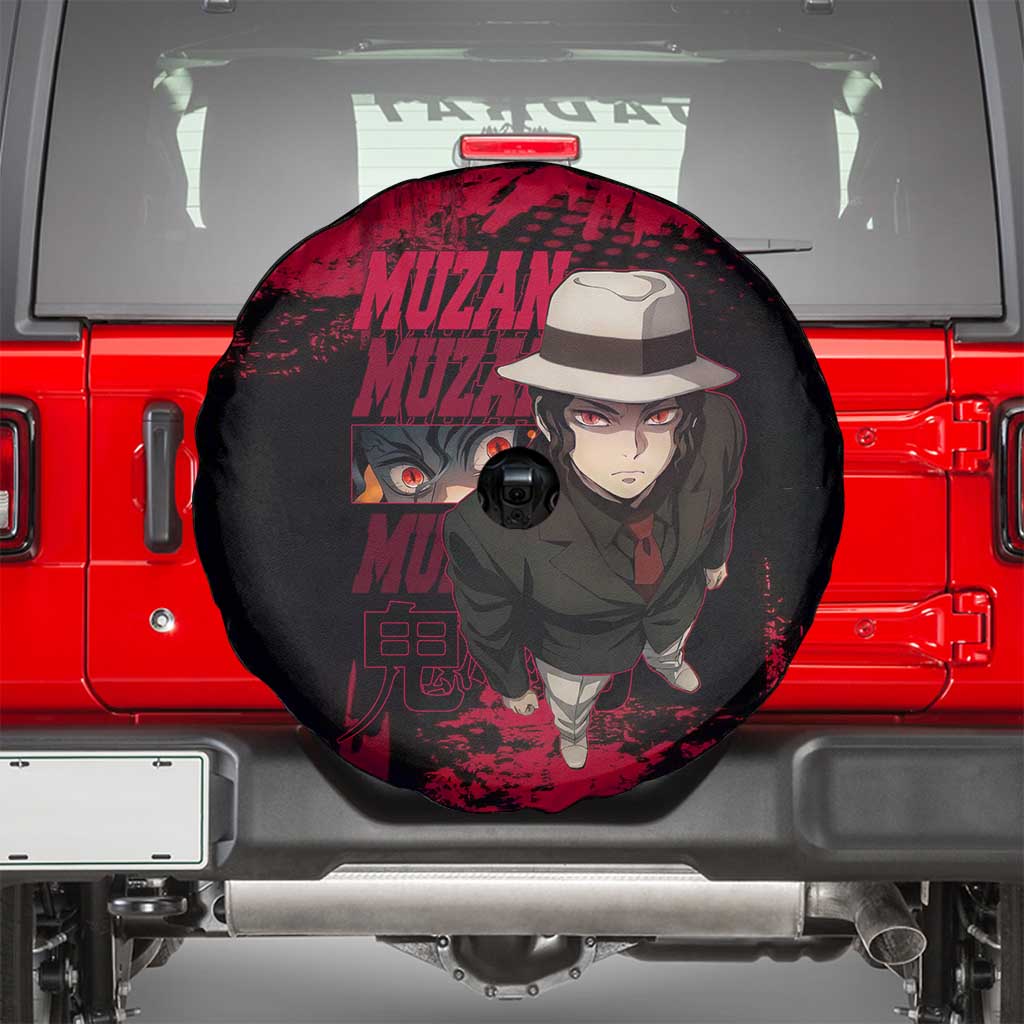 Muzan Kibutsuji Demon Slayer Red Grunge Design Spare Tire Cover with Intense Eyes and Hat Outfit Pose - The Mazicc