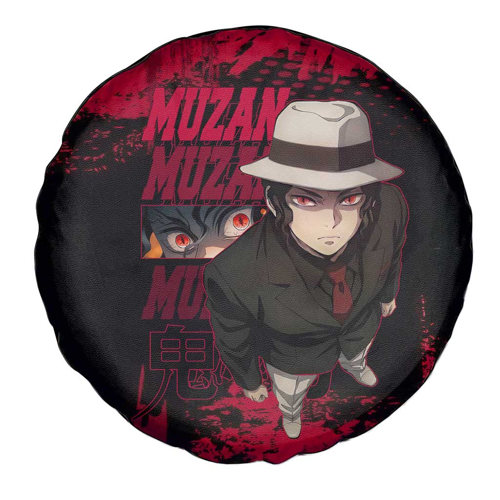 Muzan Kibutsuji Demon Slayer Red Grunge Design Spare Tire Cover with Intense Eyes and Hat Outfit Pose - The Mazicc