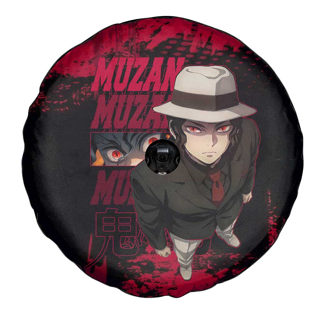 Muzan Kibutsuji Demon Slayer Red Grunge Design Spare Tire Cover with Intense Eyes and Hat Outfit Pose - The Mazicc