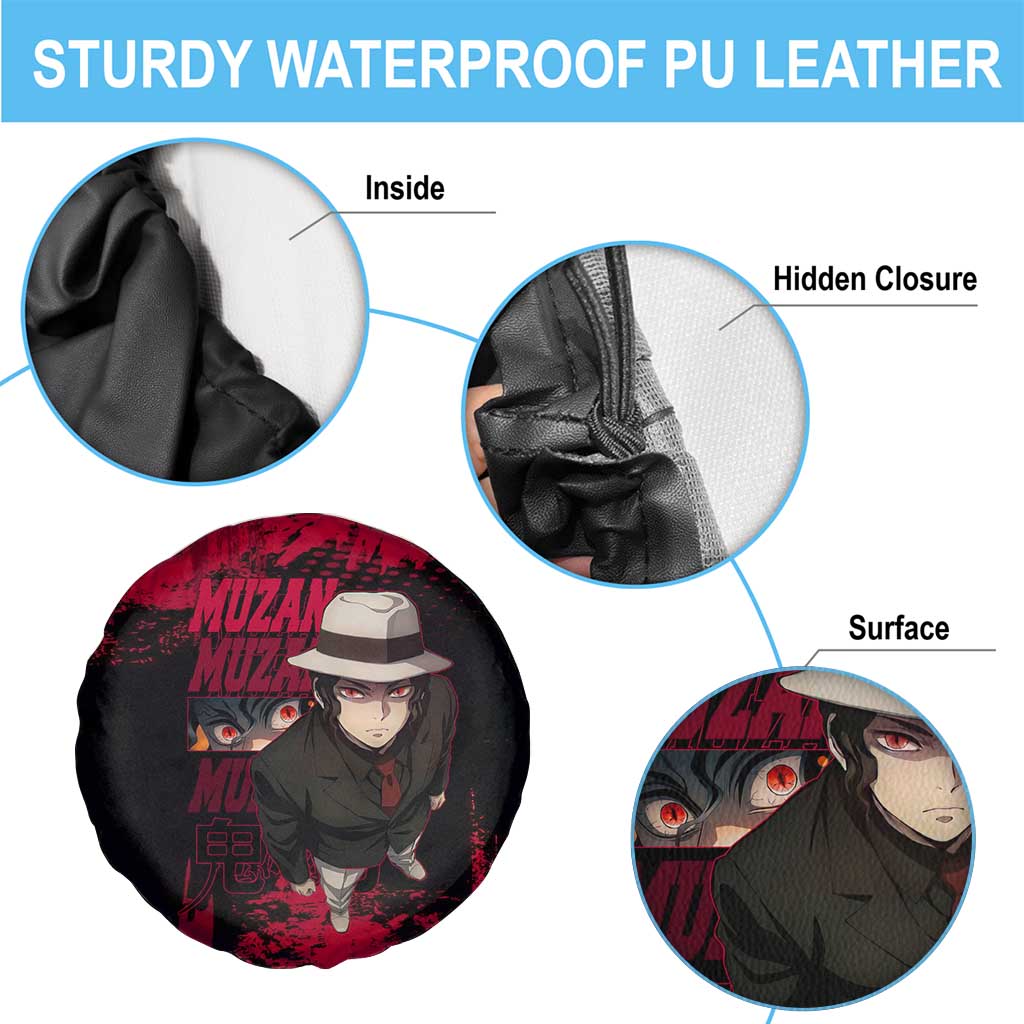 Muzan Kibutsuji Demon Slayer Red Grunge Design Spare Tire Cover with Intense Eyes and Hat Outfit Pose - The Mazicc