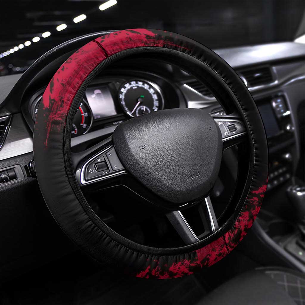 Muzan Kibutsuji Demon Slayer Red Grunge Design Steering Wheel Cover with Intense Eyes and Hat Outfit Pose - The Mazicc
