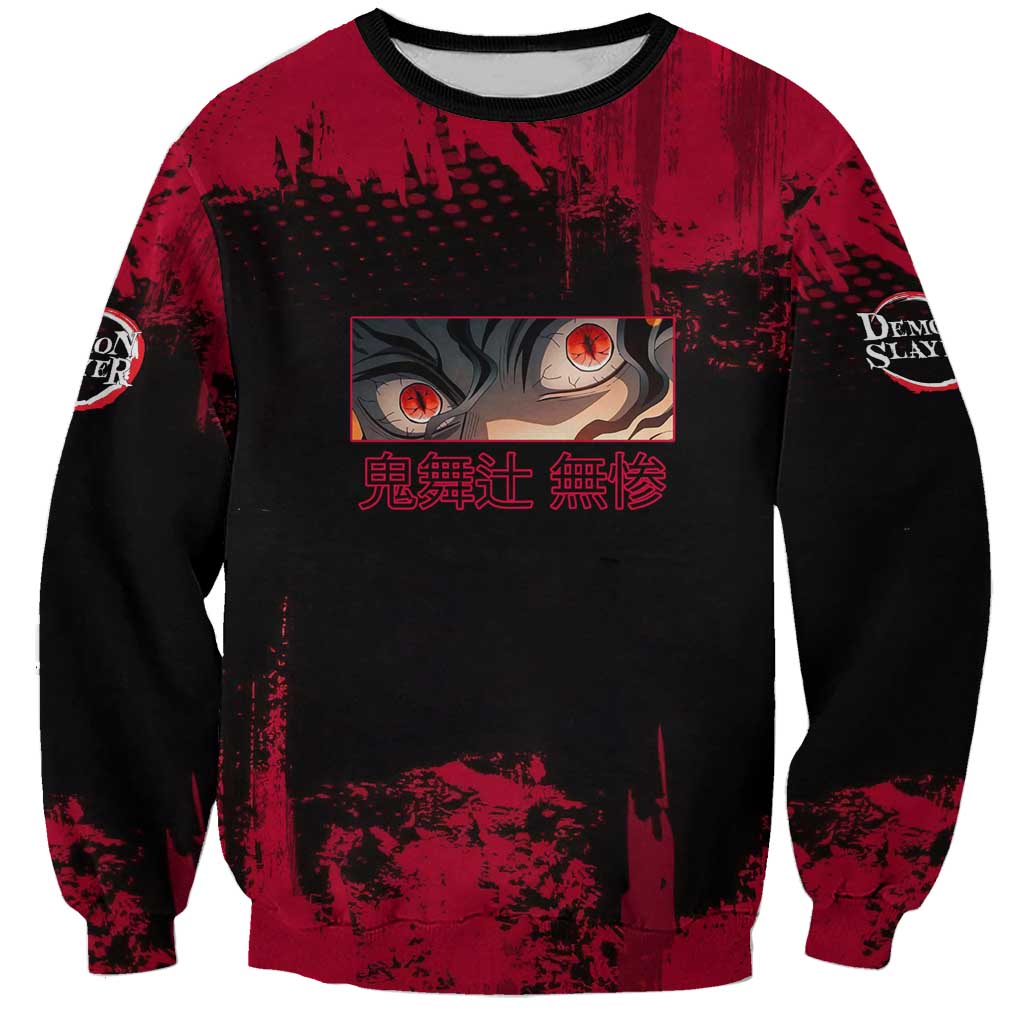 Muzan Kibutsuji Demon Slayer Red Grunge Design Sweatshirt with Intense Eyes and Hat Outfit Pose - The Mazicc