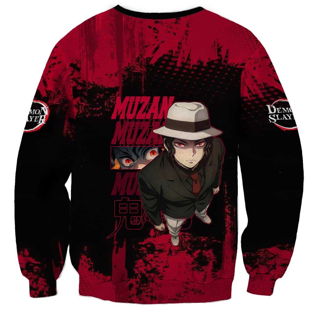 Muzan Kibutsuji Demon Slayer Red Grunge Design Sweatshirt with Intense Eyes and Hat Outfit Pose - The Mazicc