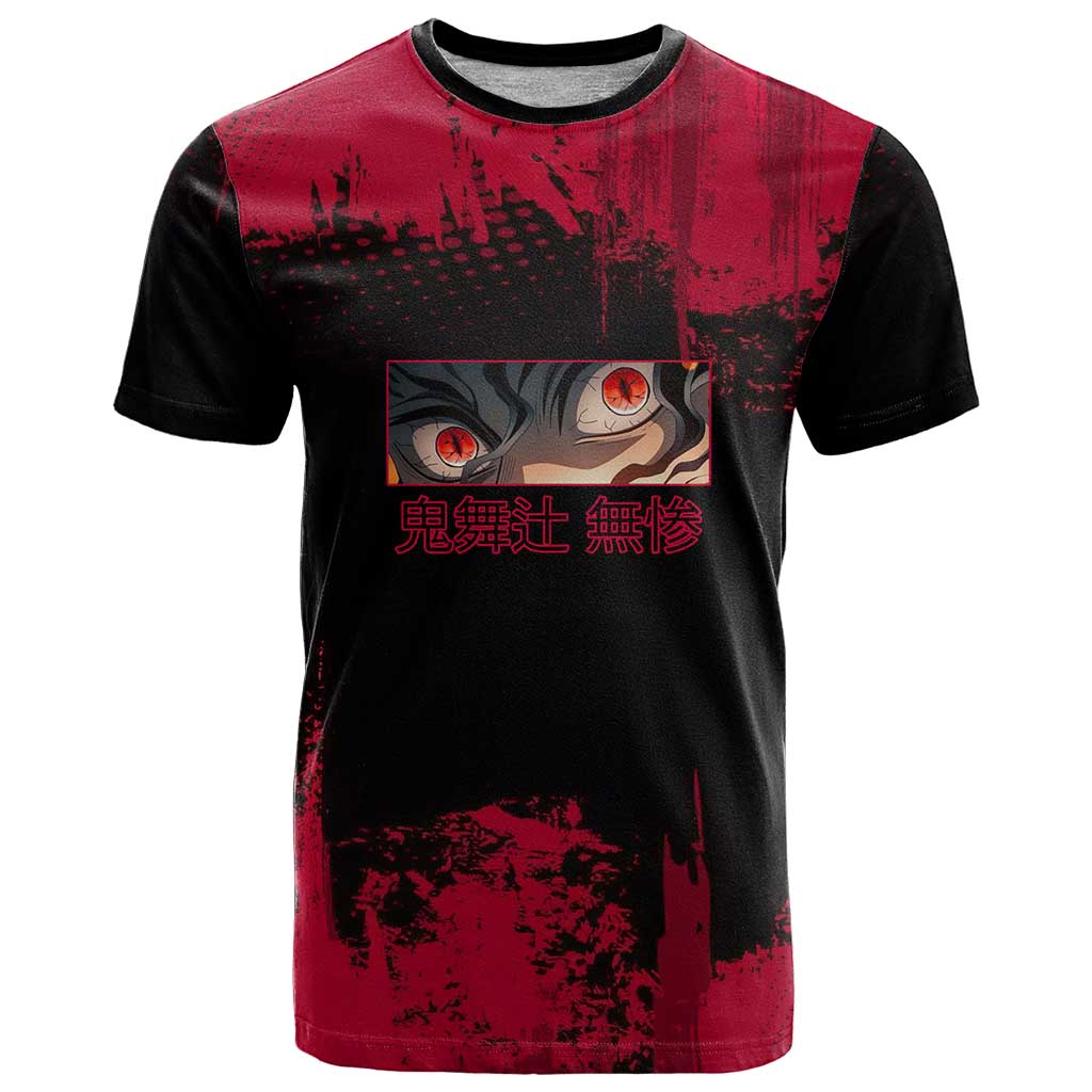 Muzan Kibutsuji Demon Slayer Red Grunge Design T Shirt with Intense Eyes and Hat Outfit Pose - The Mazicc