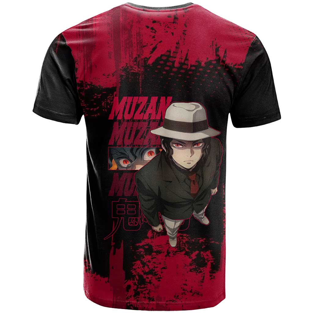 Muzan Kibutsuji Demon Slayer Red Grunge Design T Shirt with Intense Eyes and Hat Outfit Pose - The Mazicc