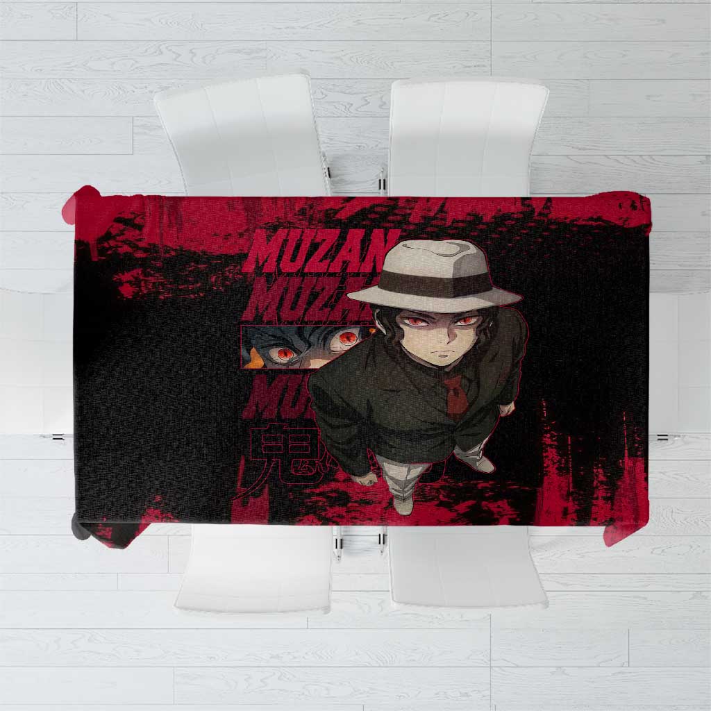Muzan Kibutsuji Demon Slayer Red Grunge Design Tablecloth with Intense Eyes and Hat Outfit Pose - The Mazicc