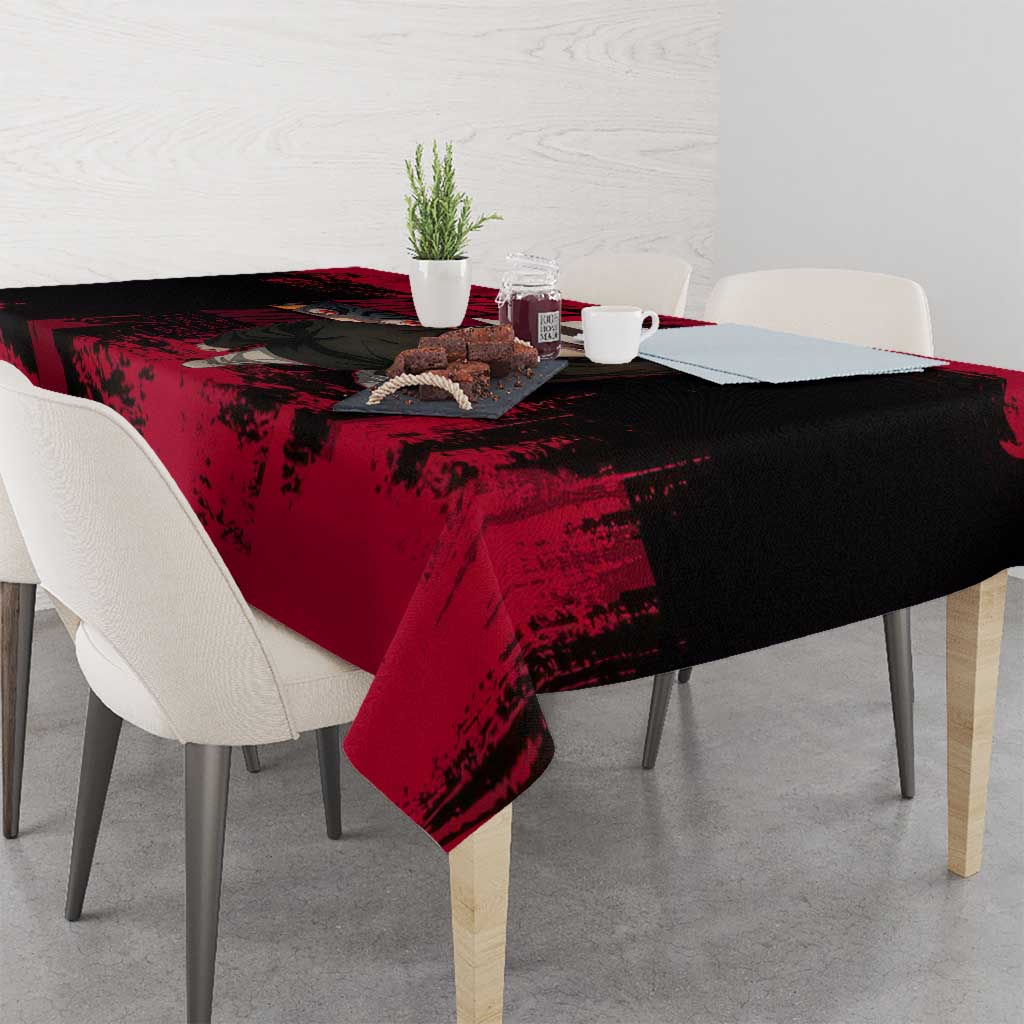 Muzan Kibutsuji Demon Slayer Red Grunge Design Tablecloth with Intense Eyes and Hat Outfit Pose - The Mazicc