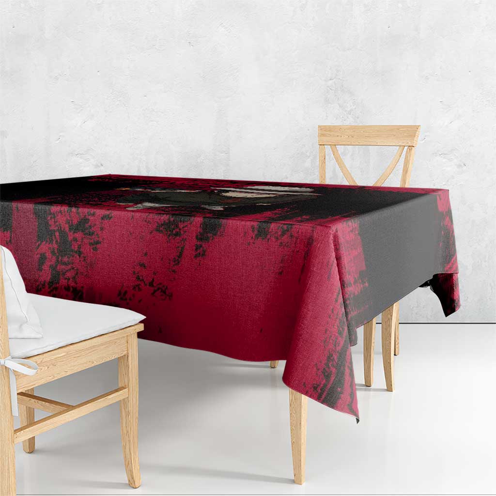 Muzan Kibutsuji Demon Slayer Red Grunge Design Tablecloth with Intense Eyes and Hat Outfit Pose - The Mazicc