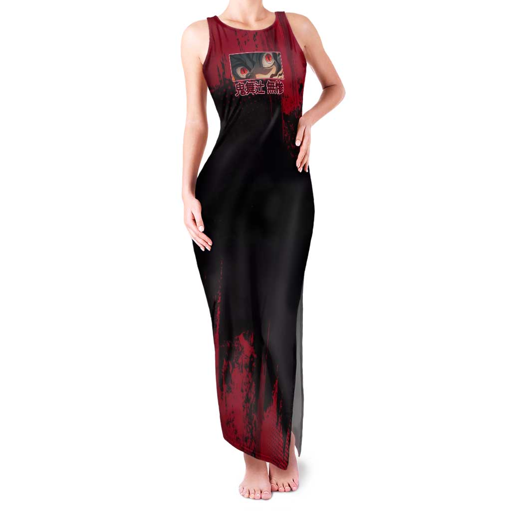 Muzan Kibutsuji Demon Slayer Red Grunge Design Tank Maxi Dress with Intense Eyes and Hat Outfit Pose - The Mazicc