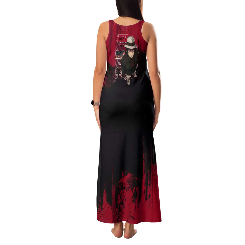 Muzan Kibutsuji Demon Slayer Red Grunge Design Tank Maxi Dress with Intense Eyes and Hat Outfit Pose - The Mazicc