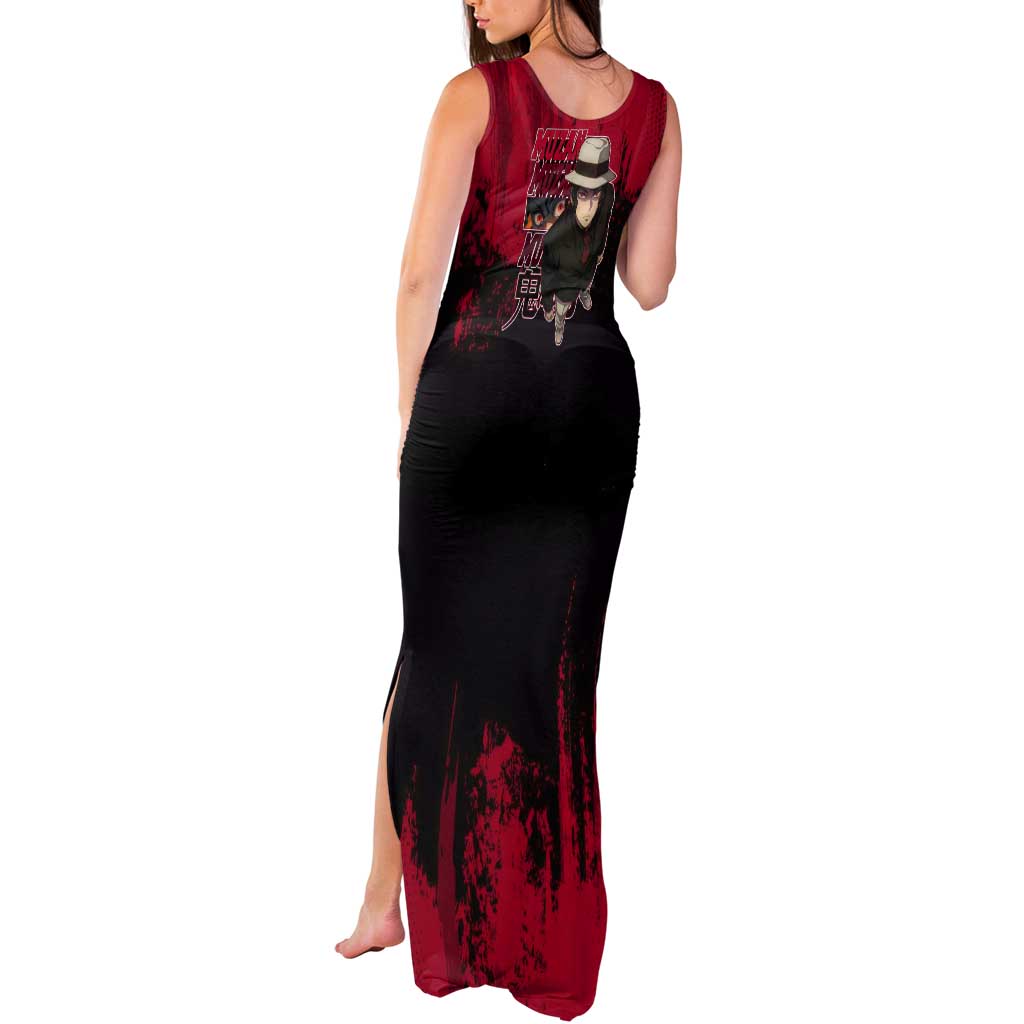 Muzan Kibutsuji Demon Slayer Red Grunge Design Tank Maxi Dress with Intense Eyes and Hat Outfit Pose - The Mazicc