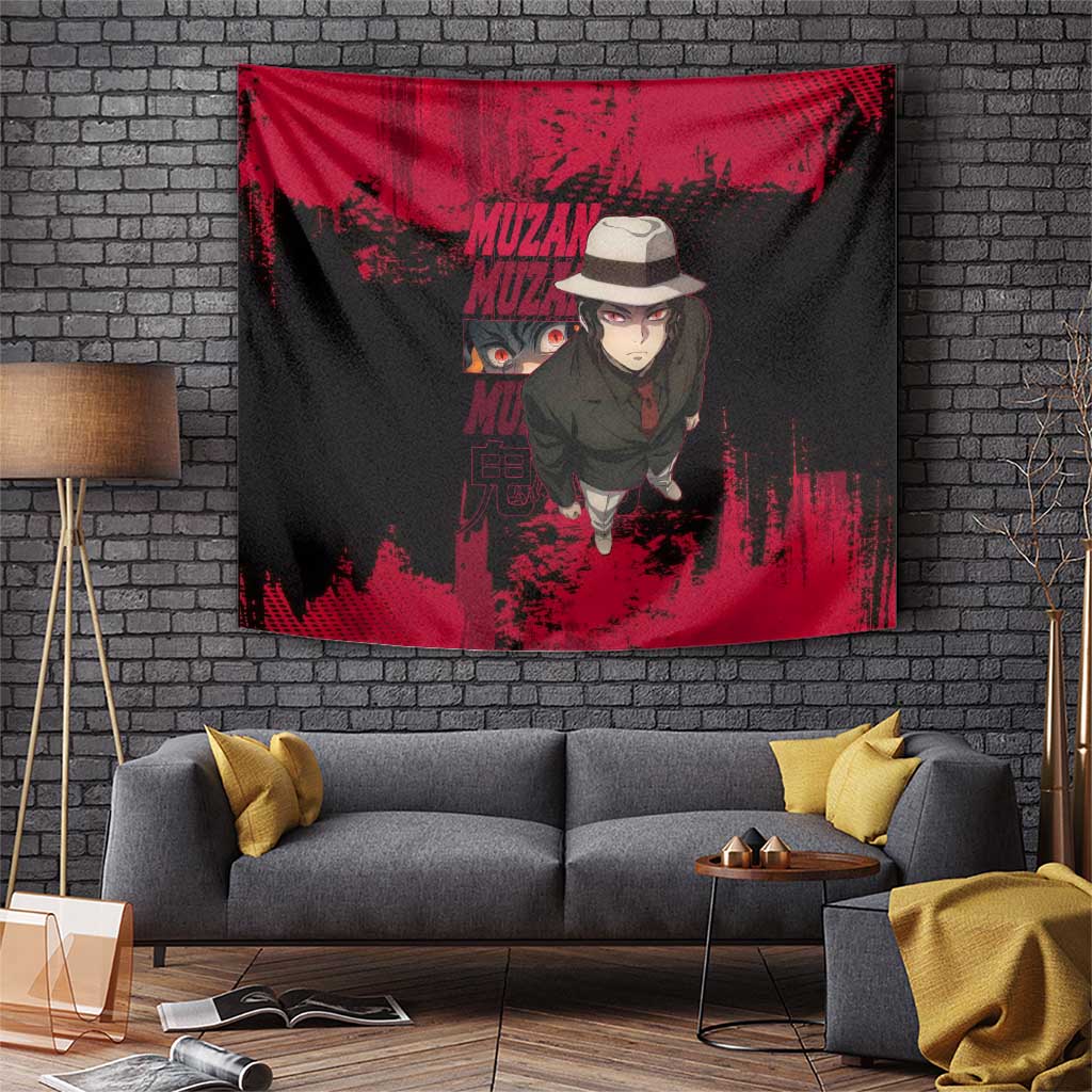 Muzan Kibutsuji Demon Slayer Red Grunge Design Tapestry with Intense Eyes and Hat Outfit Pose - The Mazicc