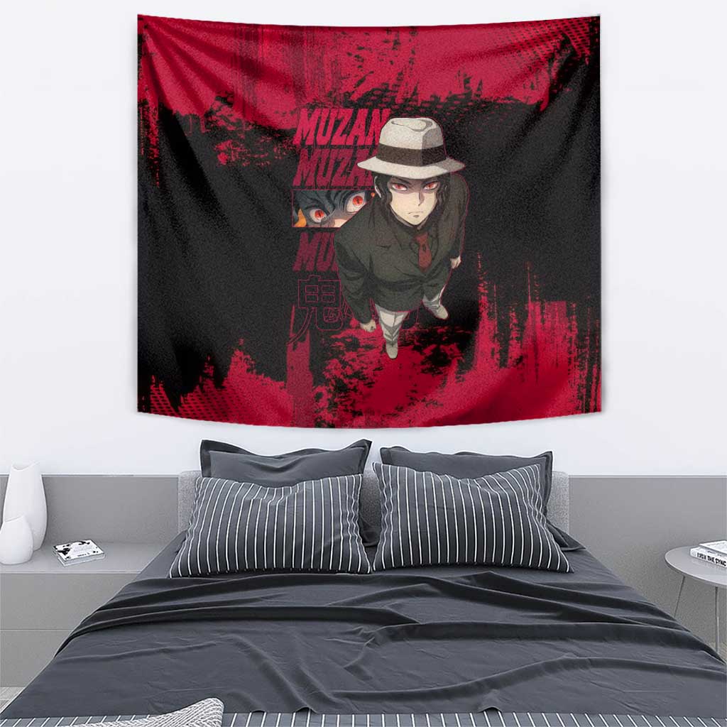Muzan Kibutsuji Demon Slayer Red Grunge Design Tapestry with Intense Eyes and Hat Outfit Pose - The Mazicc