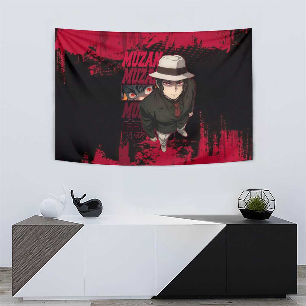 Muzan Kibutsuji Demon Slayer Red Grunge Design Tapestry with Intense Eyes and Hat Outfit Pose - The Mazicc