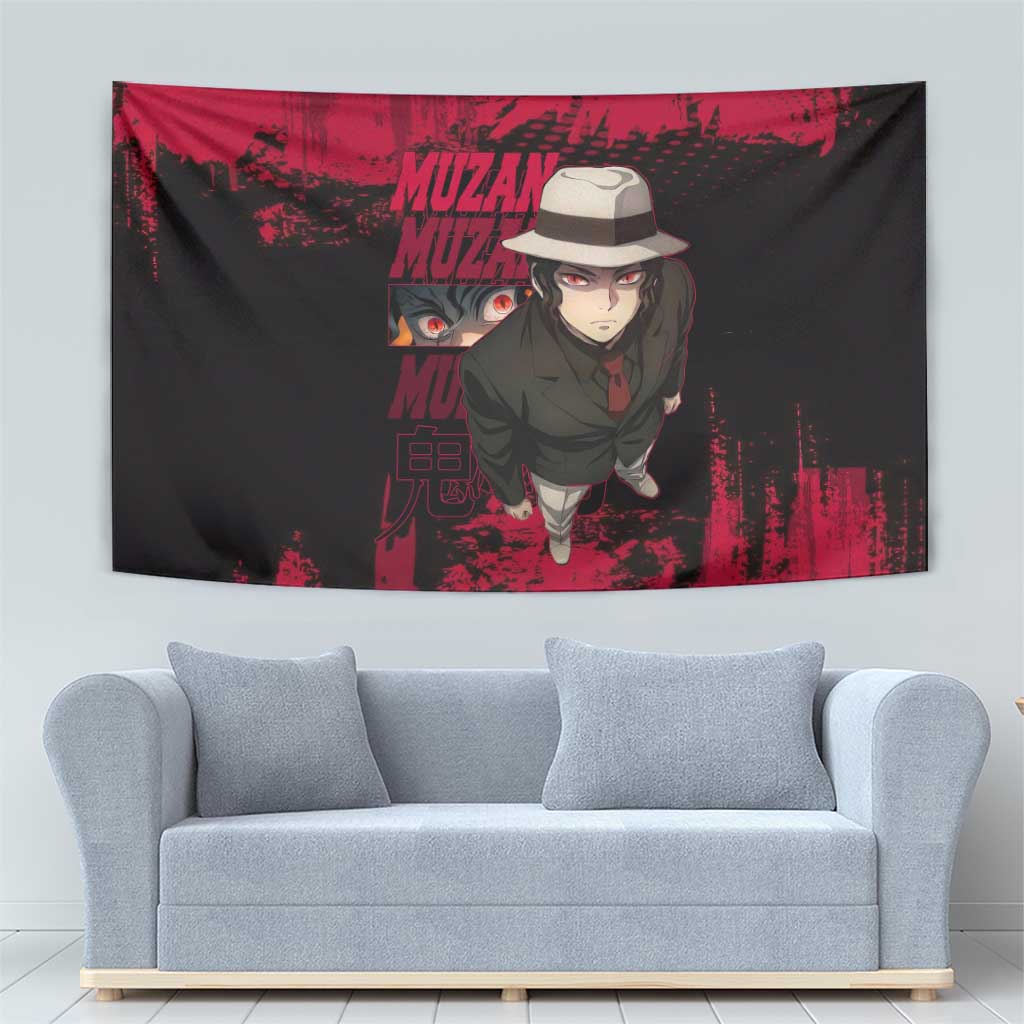 Muzan Kibutsuji Demon Slayer Red Grunge Design Tapestry with Intense Eyes and Hat Outfit Pose - The Mazicc