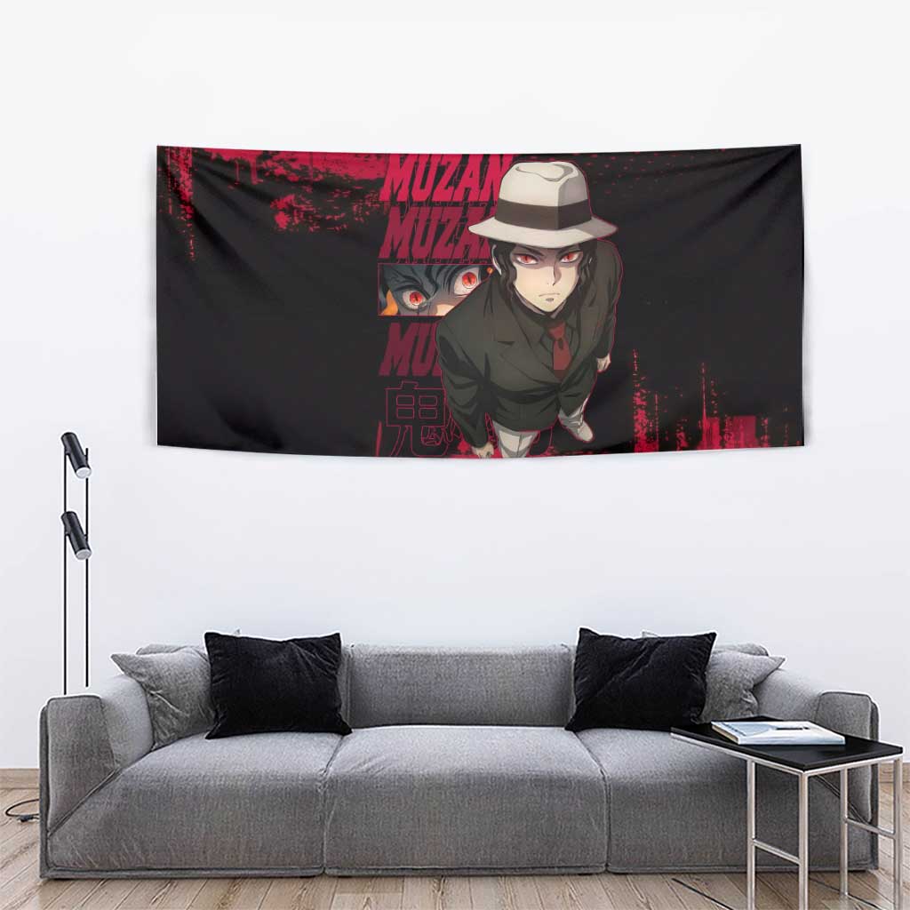 Muzan Kibutsuji Demon Slayer Red Grunge Design Tapestry with Intense Eyes and Hat Outfit Pose - The Mazicc