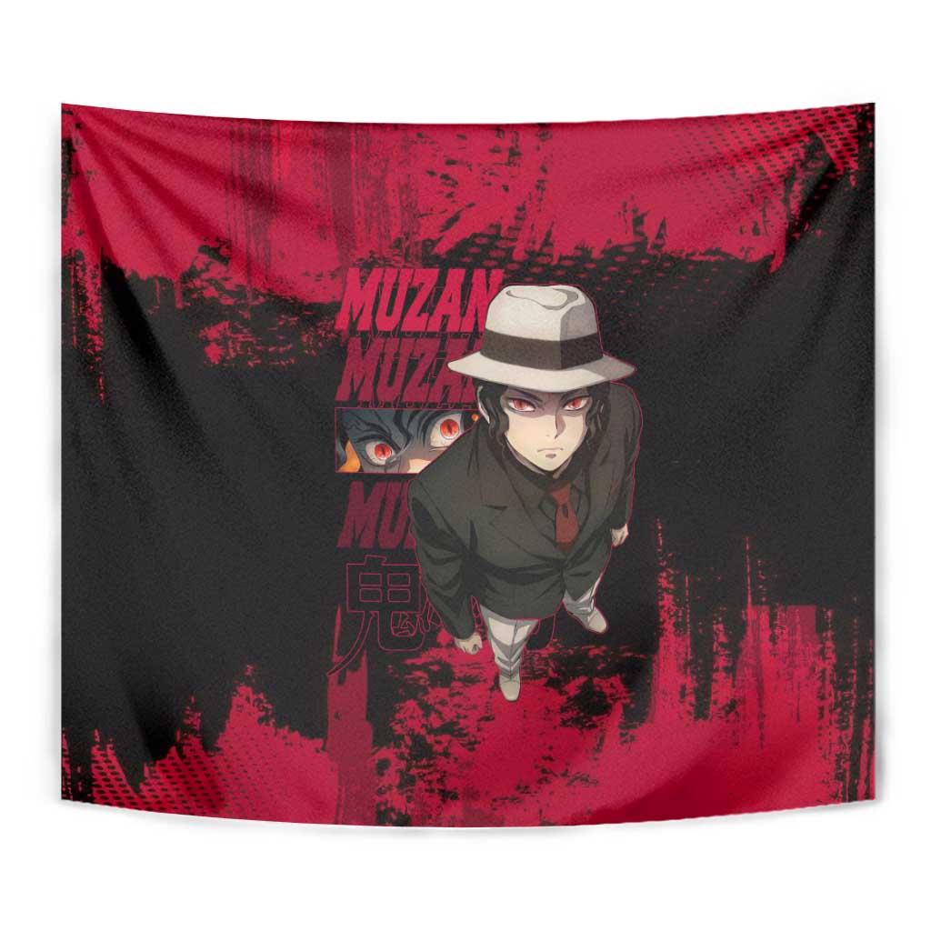 Muzan Kibutsuji Demon Slayer Red Grunge Design Tapestry with Intense Eyes and Hat Outfit Pose - The Mazicc