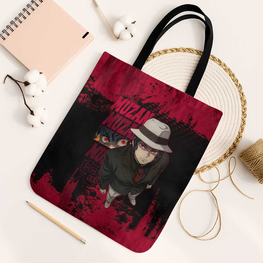 Muzan Kibutsuji Demon Slayer Red Grunge Design Tote Bag with Intense Eyes and Hat Outfit Pose - The Mazicc
