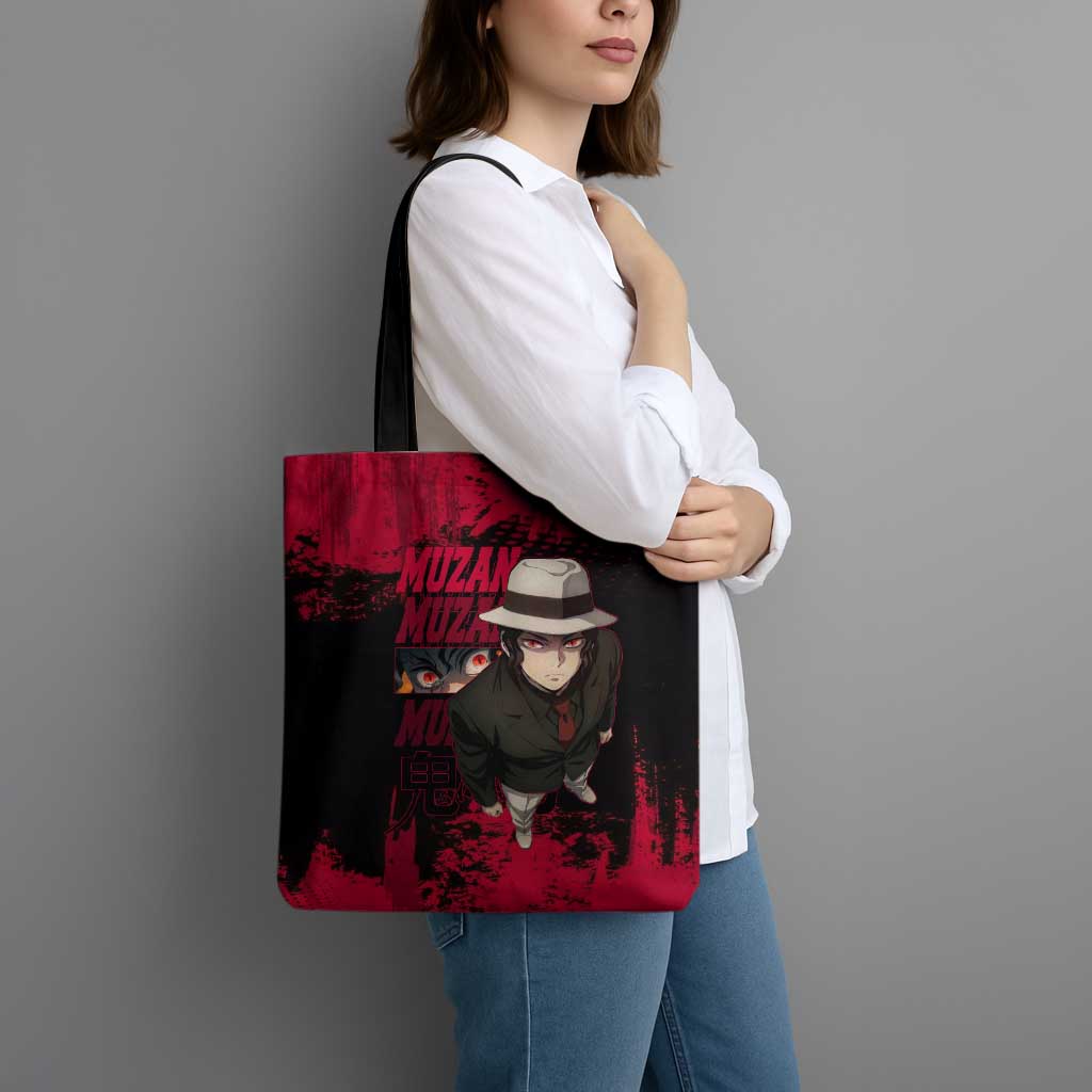 Muzan Kibutsuji Demon Slayer Red Grunge Design Tote Bag with Intense Eyes and Hat Outfit Pose - The Mazicc