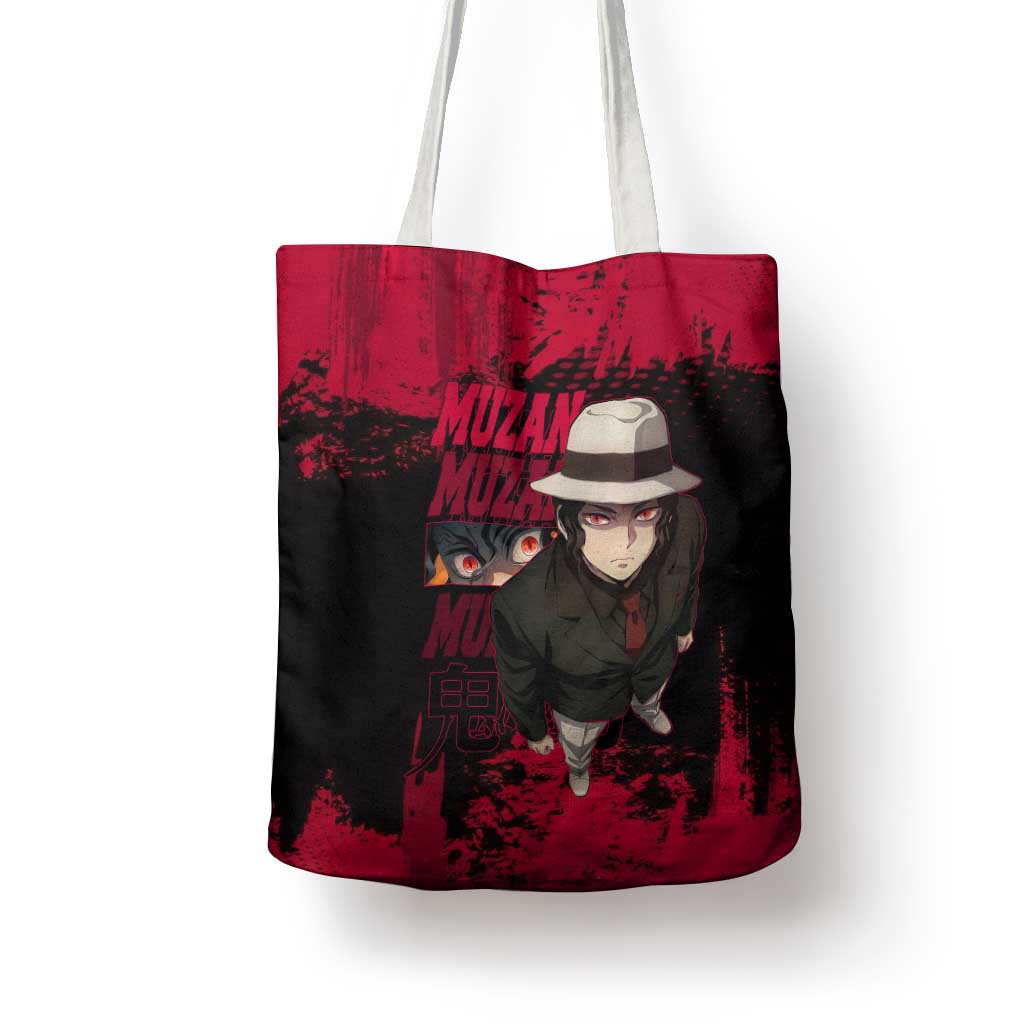 Muzan Kibutsuji Demon Slayer Red Grunge Design Tote Bag with Intense Eyes and Hat Outfit Pose - The Mazicc