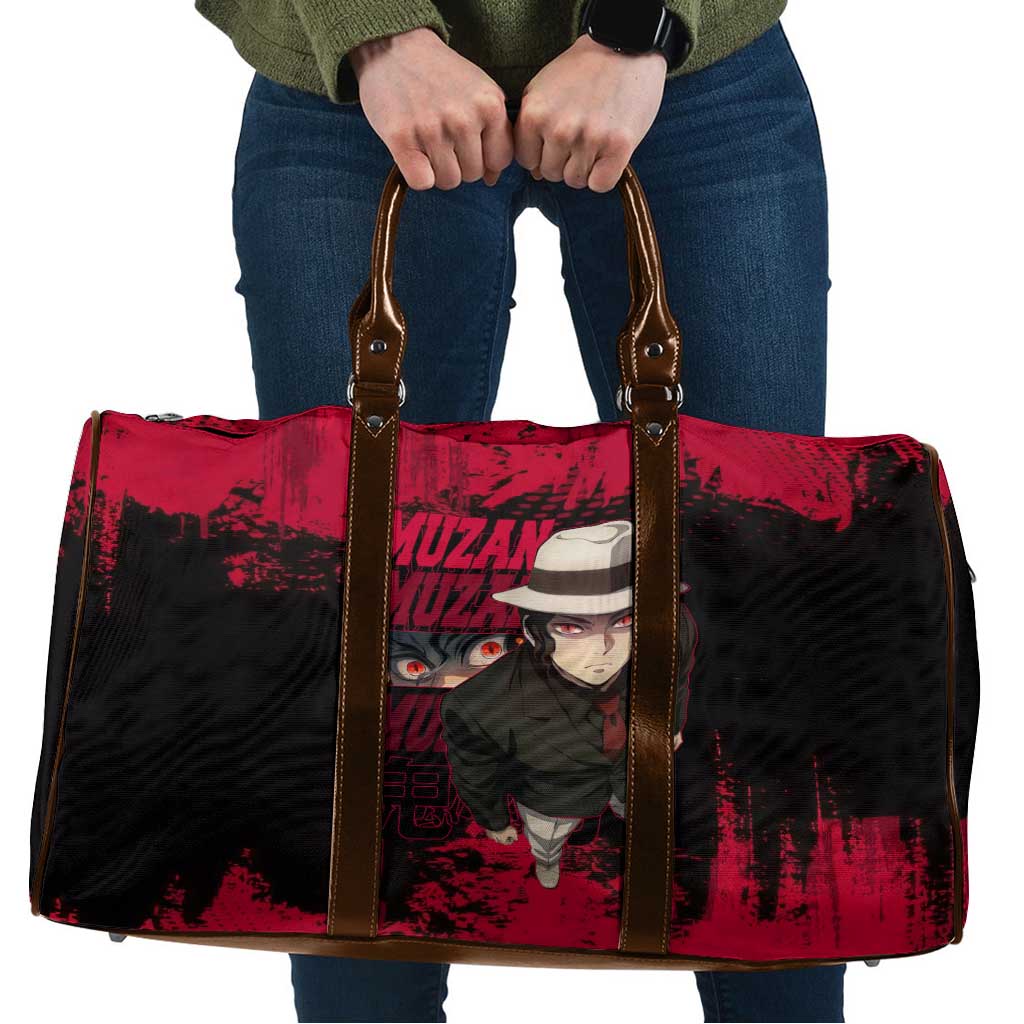 Muzan Kibutsuji Demon Slayer Red Grunge Design Travel Bag with Intense Eyes and Hat Outfit Pose - The Mazicc