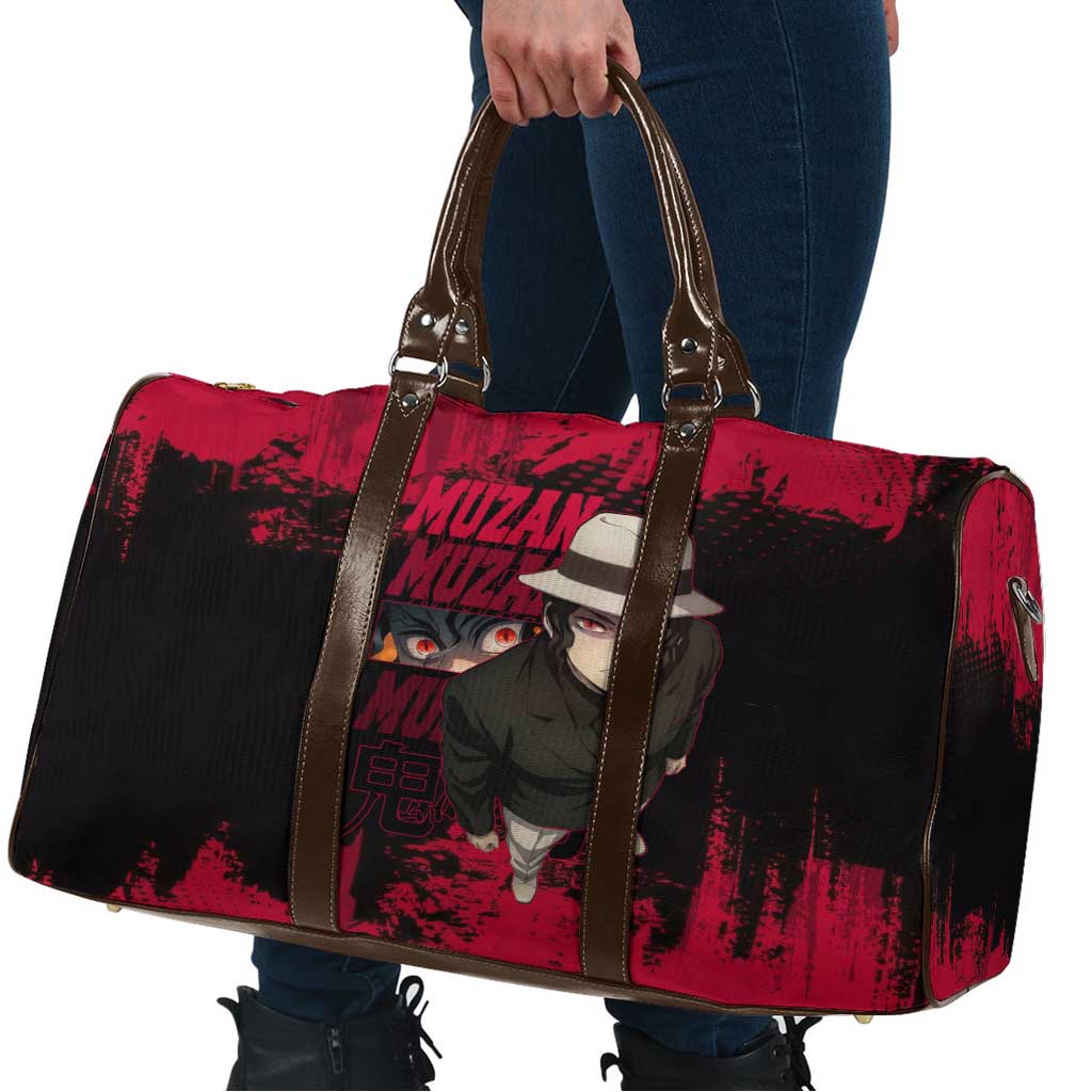 Muzan Kibutsuji Demon Slayer Red Grunge Design Travel Bag with Intense Eyes and Hat Outfit Pose - The Mazicc