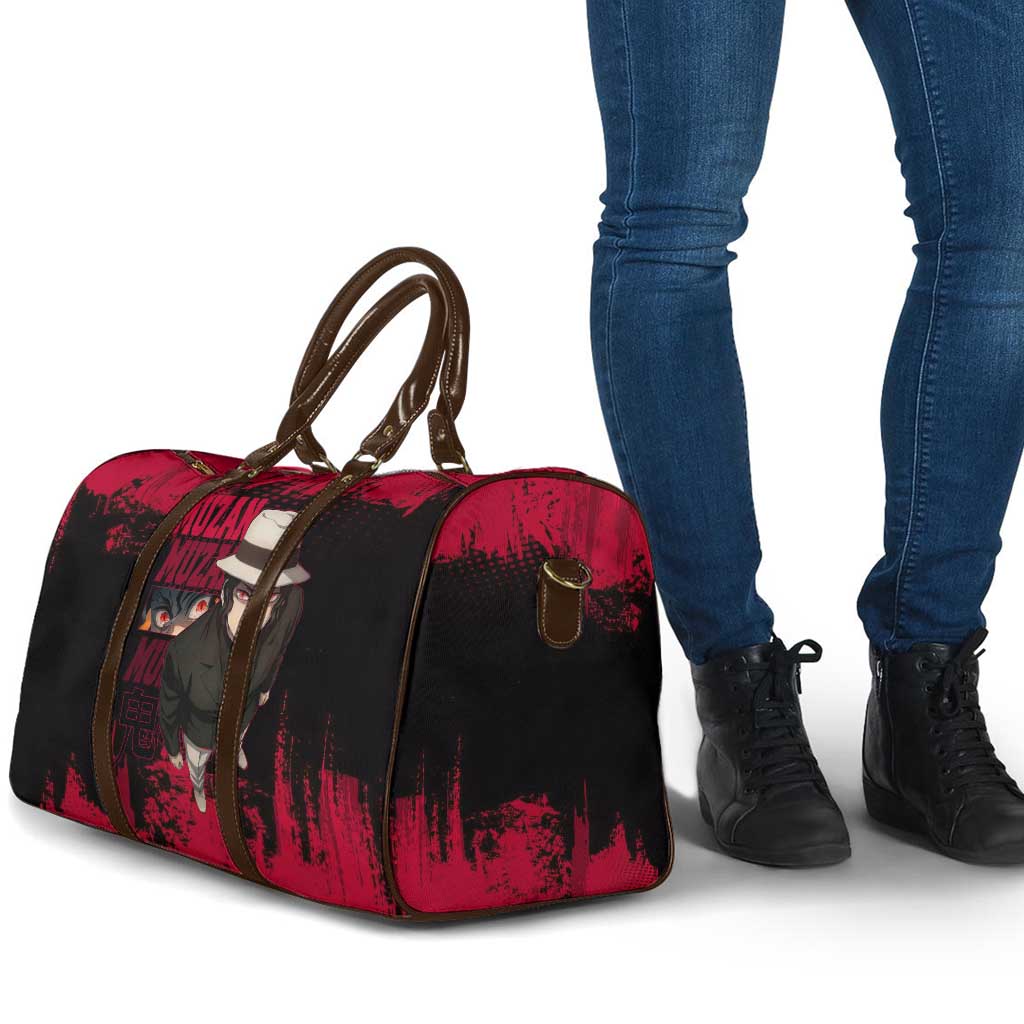 Muzan Kibutsuji Demon Slayer Red Grunge Design Travel Bag with Intense Eyes and Hat Outfit Pose - The Mazicc