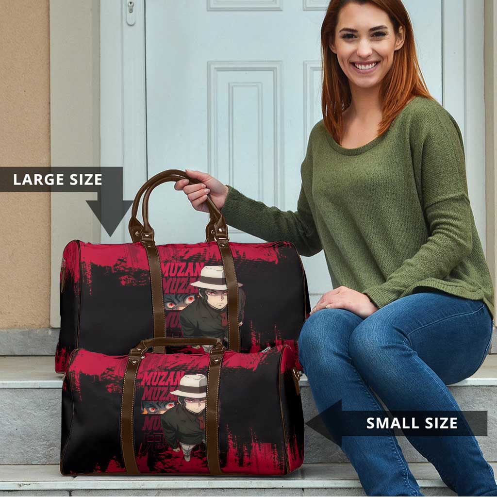 Muzan Kibutsuji Demon Slayer Red Grunge Design Travel Bag with Intense Eyes and Hat Outfit Pose - The Mazicc