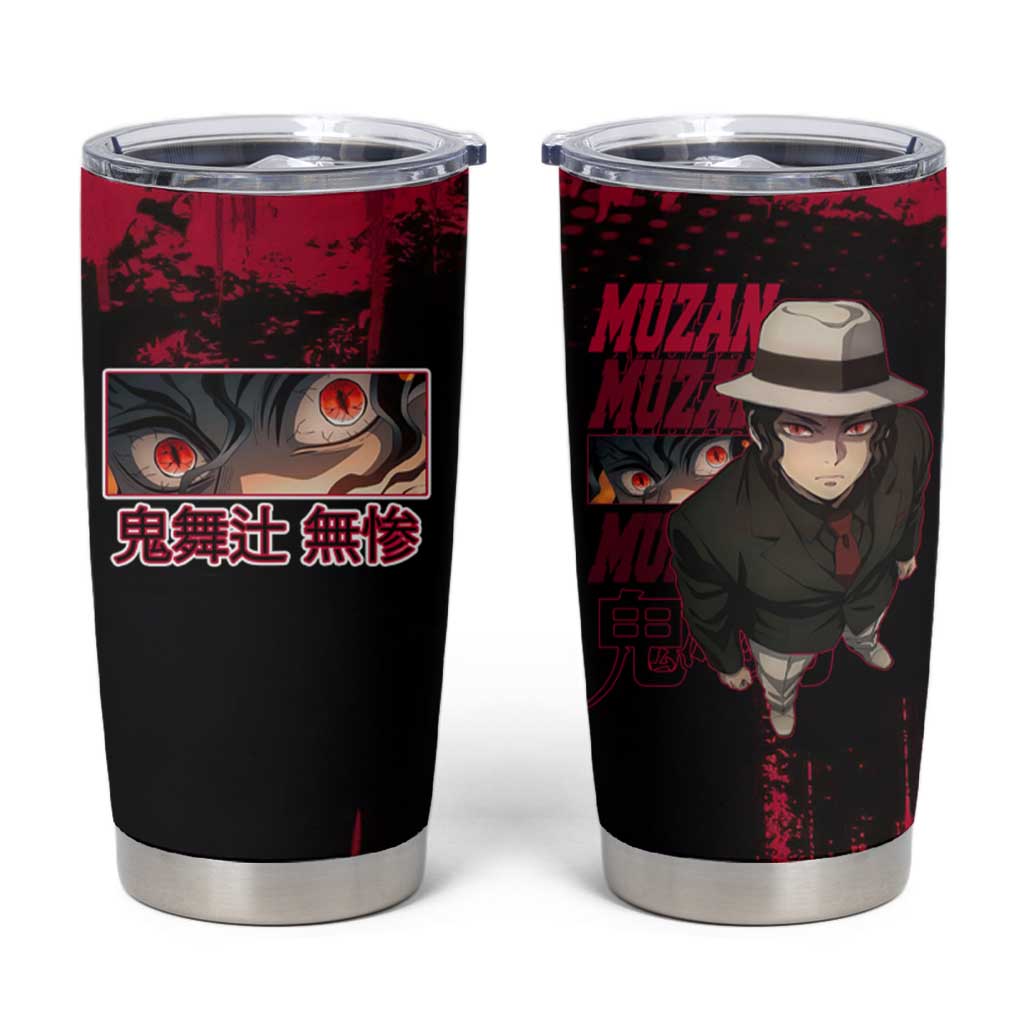 Muzan Kibutsuji Demon Slayer Red Grunge Design Tumbler Cup with Intense Eyes and Hat Outfit Pose - The Mazicc