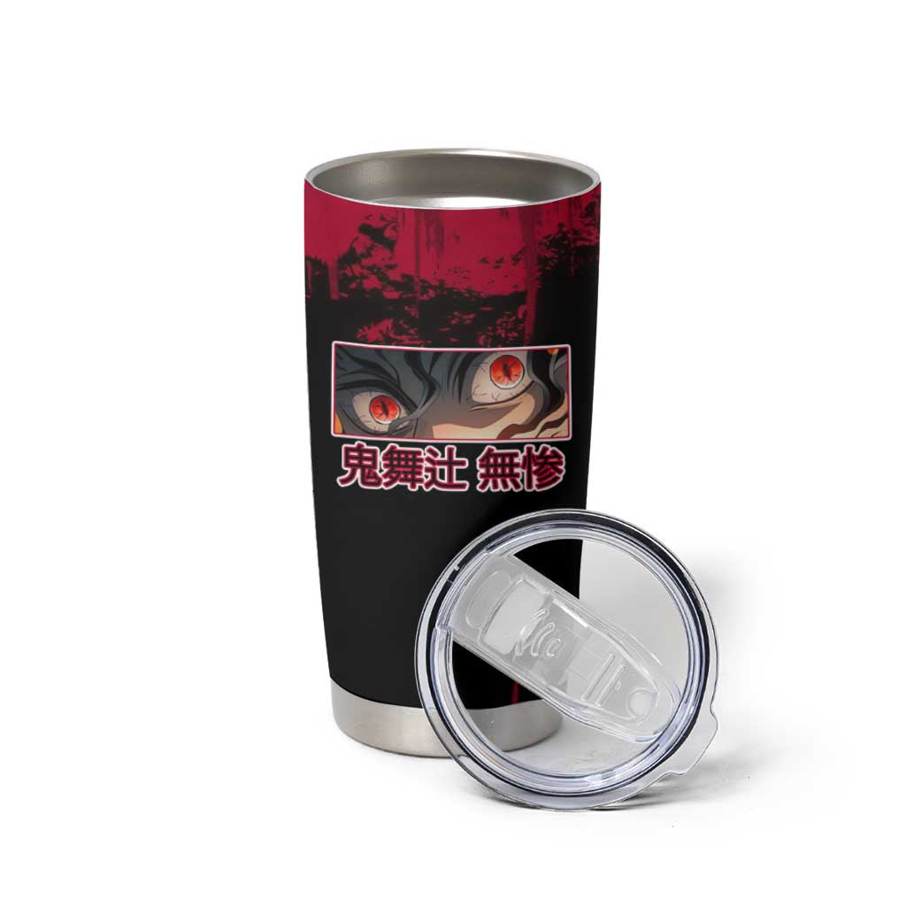 Muzan Kibutsuji Demon Slayer Red Grunge Design Tumbler Cup with Intense Eyes and Hat Outfit Pose - The Mazicc