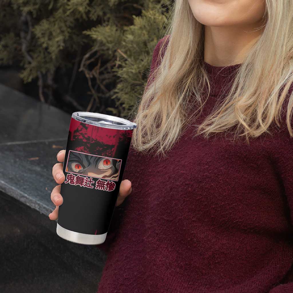 Muzan Kibutsuji Demon Slayer Red Grunge Design Tumbler Cup with Intense Eyes and Hat Outfit Pose - The Mazicc