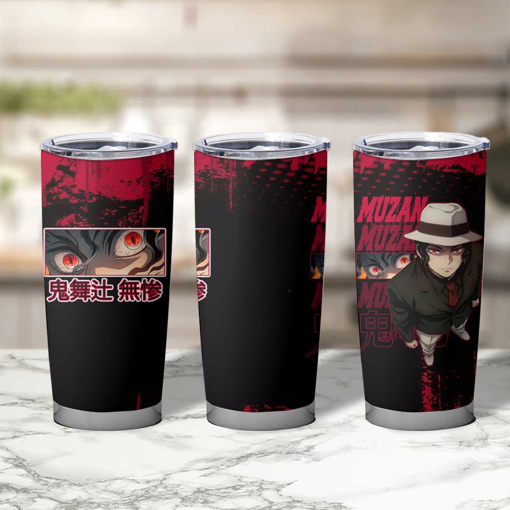 Muzan Kibutsuji Demon Slayer Red Grunge Design Tumbler Cup with Intense Eyes and Hat Outfit Pose - The Mazicc