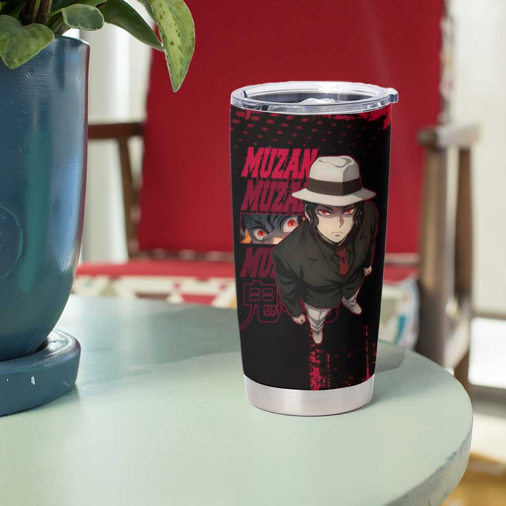 Muzan Kibutsuji Demon Slayer Red Grunge Design Tumbler Cup with Intense Eyes and Hat Outfit Pose - The Mazicc