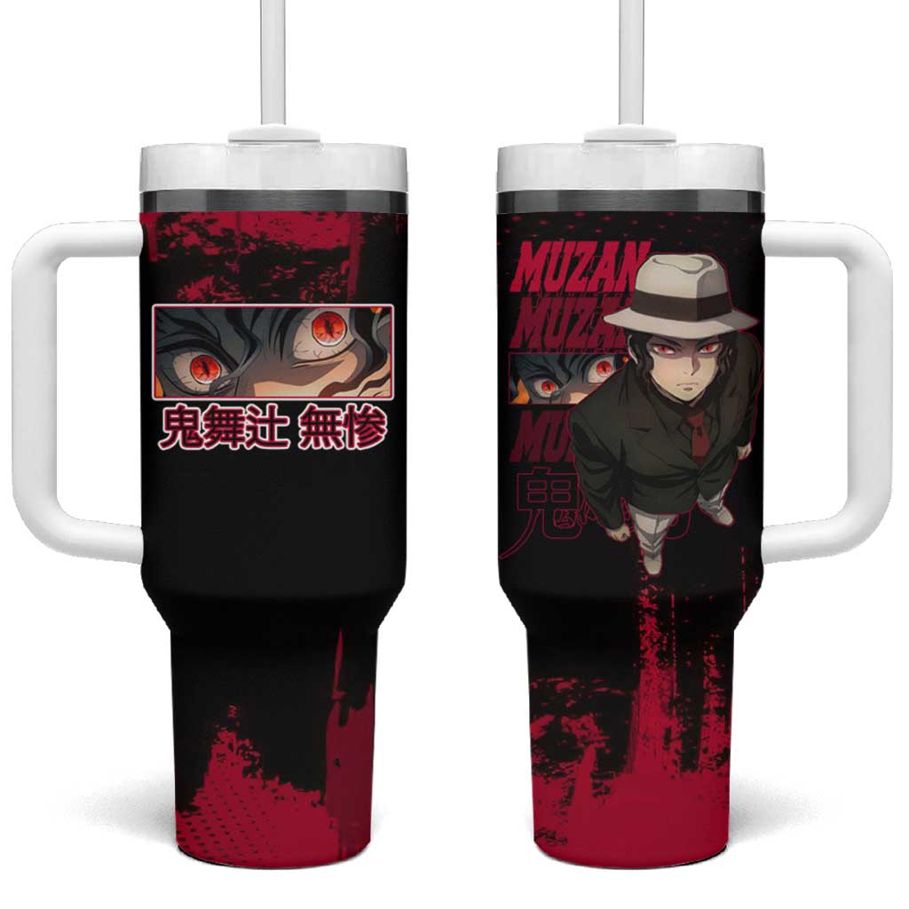 Muzan Kibutsuji Demon Slayer Red Grunge Design Tumbler With Handle with Intense Eyes and Hat Outfit Pose - The Mazicc