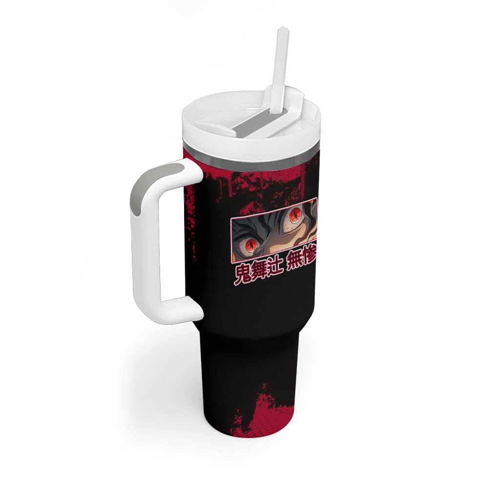 Muzan Kibutsuji Demon Slayer Red Grunge Design Tumbler With Handle with Intense Eyes and Hat Outfit Pose - The Mazicc