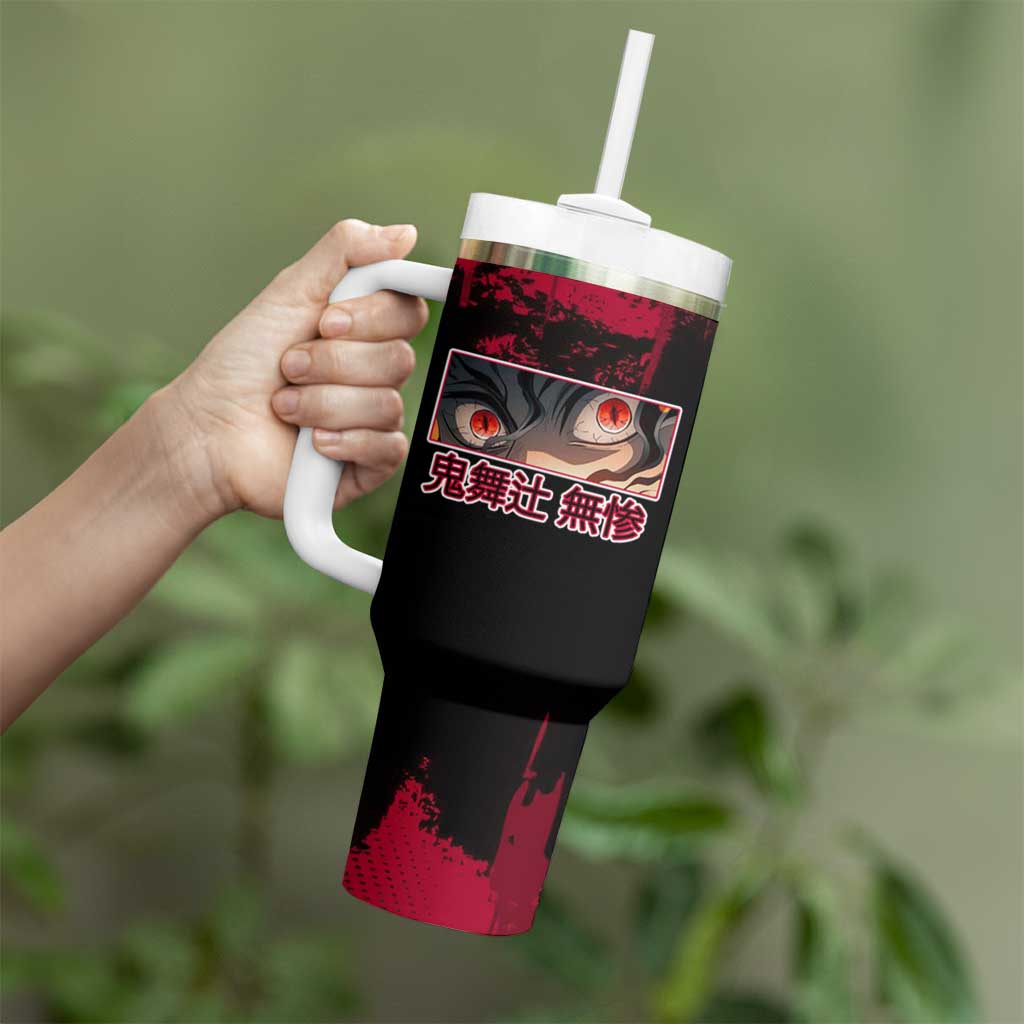 Muzan Kibutsuji Demon Slayer Red Grunge Design Tumbler With Handle with Intense Eyes and Hat Outfit Pose - The Mazicc