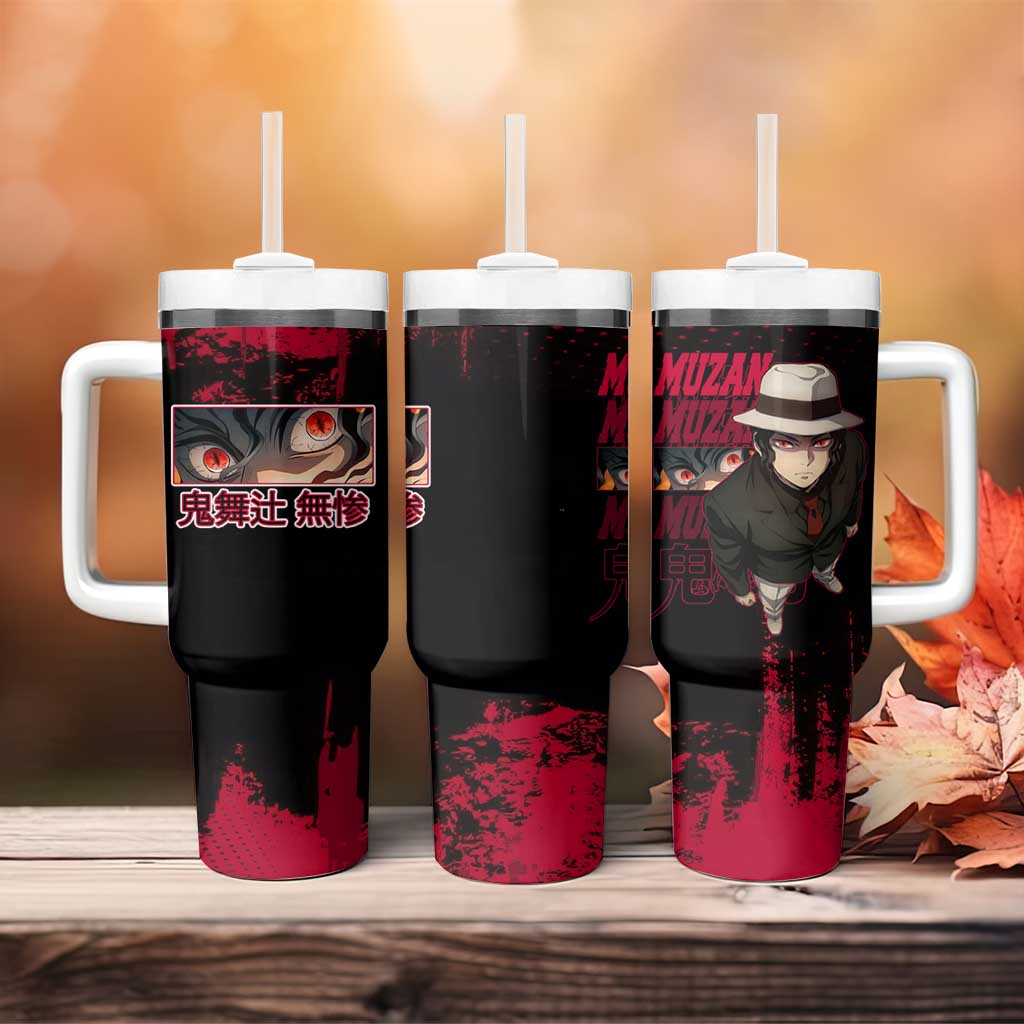 Muzan Kibutsuji Demon Slayer Red Grunge Design Tumbler With Handle with Intense Eyes and Hat Outfit Pose - The Mazicc