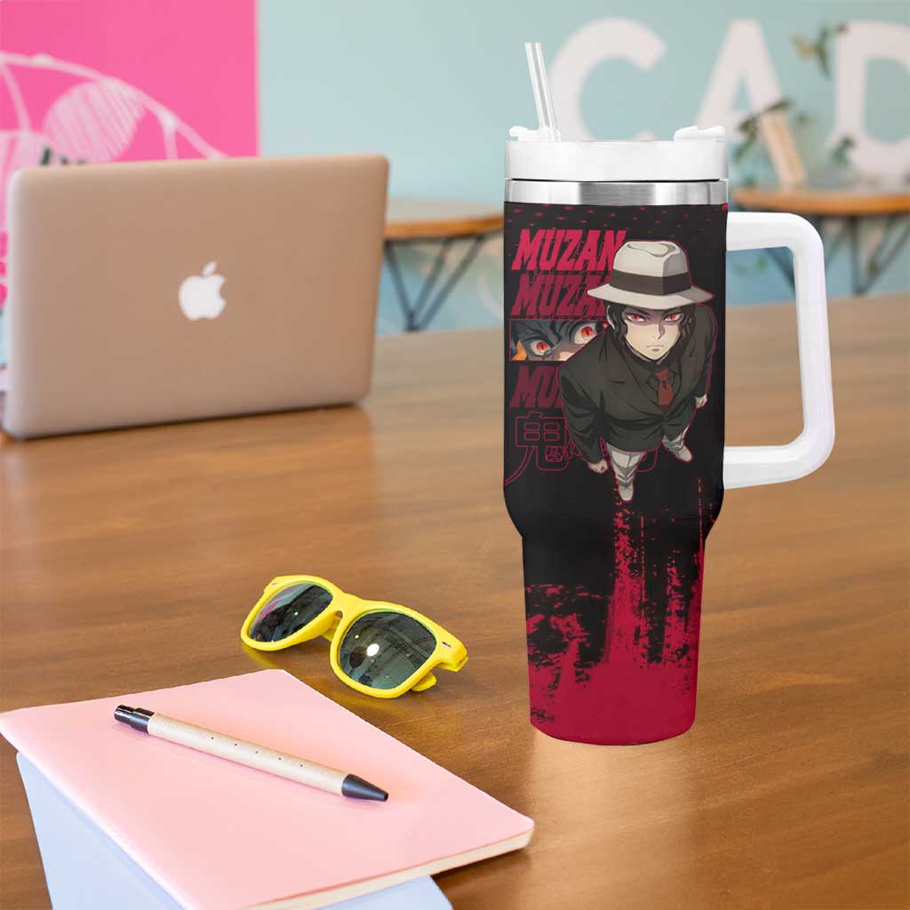 Muzan Kibutsuji Demon Slayer Red Grunge Design Tumbler With Handle with Intense Eyes and Hat Outfit Pose - The Mazicc