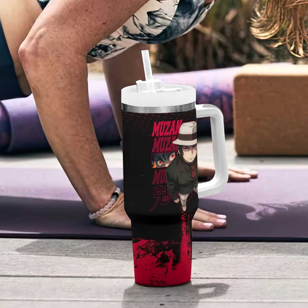 Muzan Kibutsuji Demon Slayer Red Grunge Design Tumbler With Handle with Intense Eyes and Hat Outfit Pose - The Mazicc