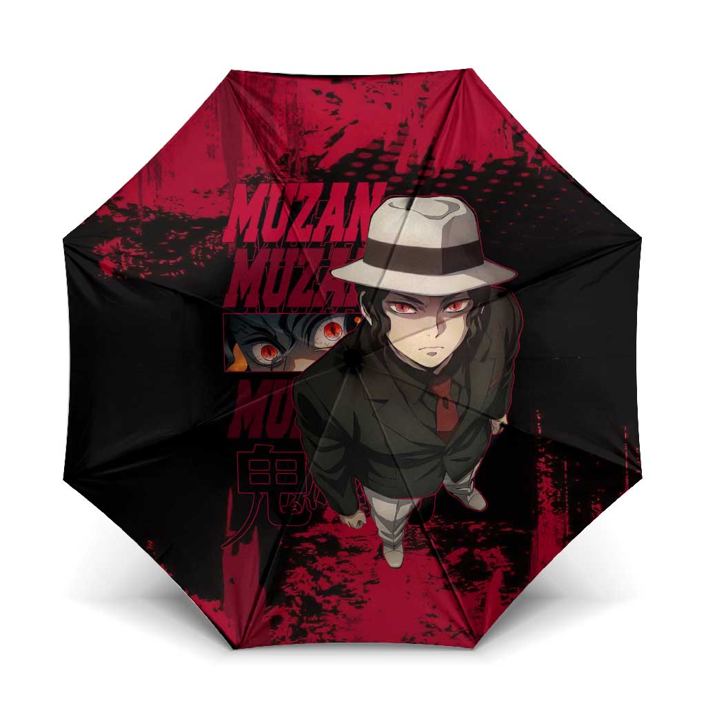 Muzan Kibutsuji Demon Slayer Red Grunge Design Umbrella with Intense Eyes and Hat Outfit Pose - The Mazicc