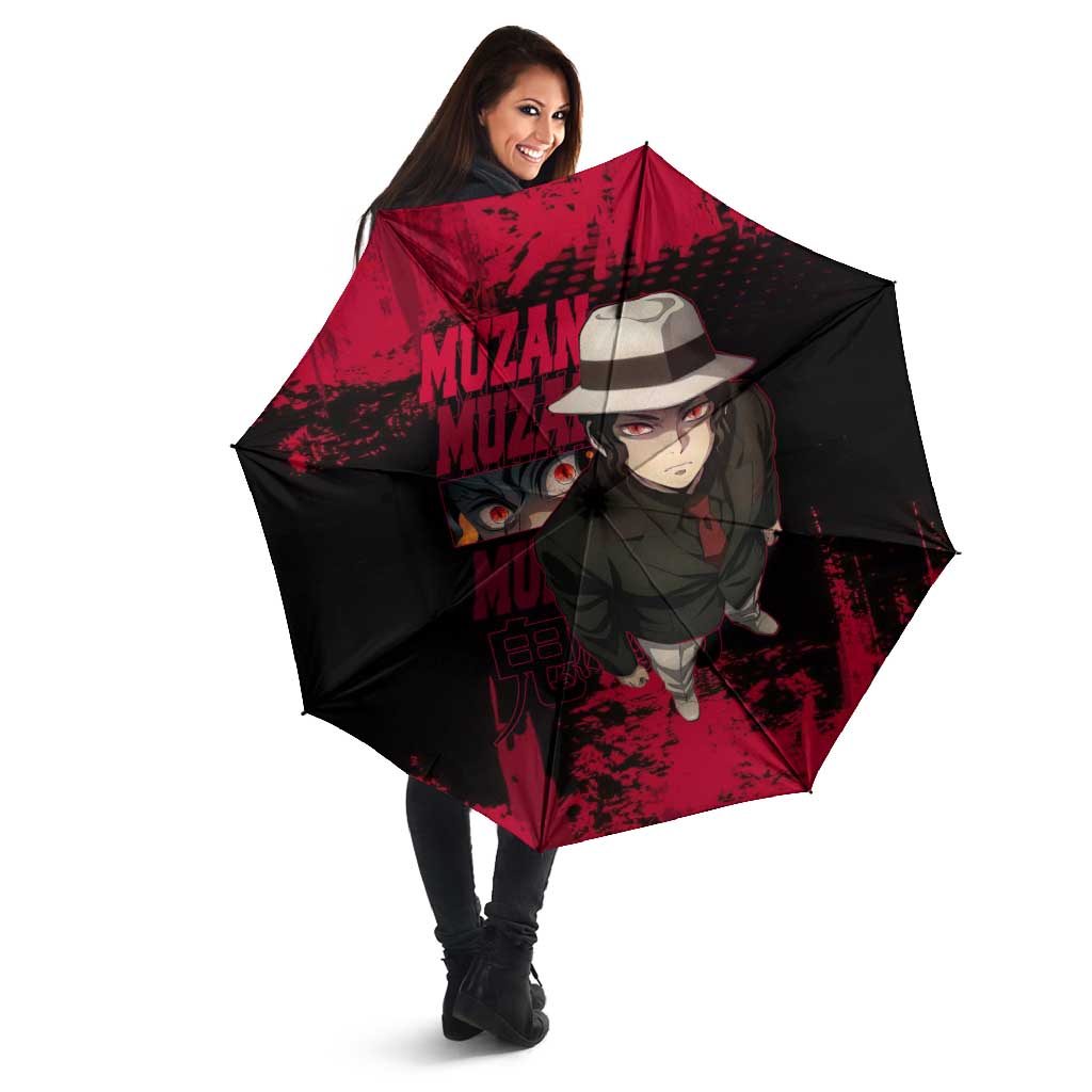 Muzan Kibutsuji Demon Slayer Red Grunge Design Umbrella with Intense Eyes and Hat Outfit Pose - The Mazicc