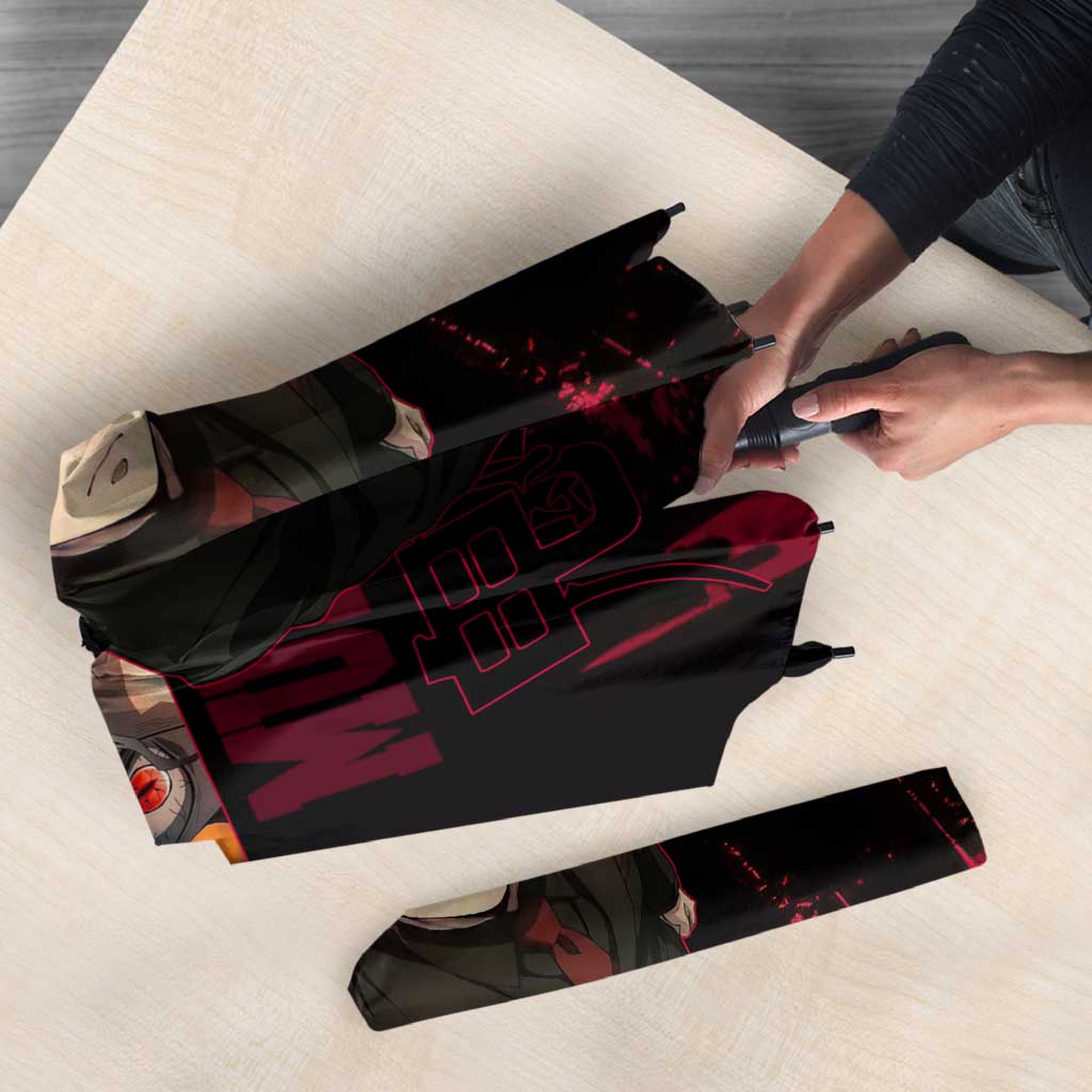 Muzan Kibutsuji Demon Slayer Red Grunge Design Umbrella with Intense Eyes and Hat Outfit Pose - The Mazicc
